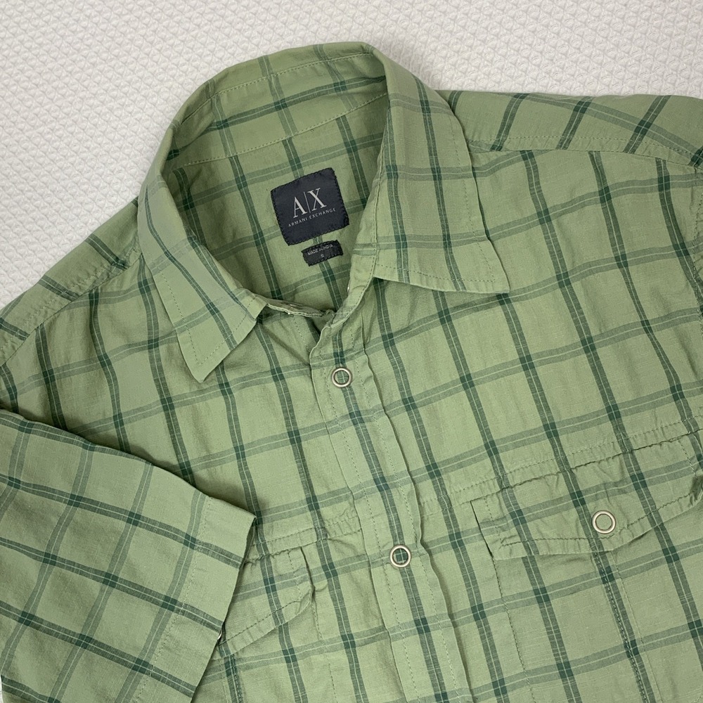 A/X Armani Exchange Shirt Mens Small Green Plaid Snap Button Cargo Pocket